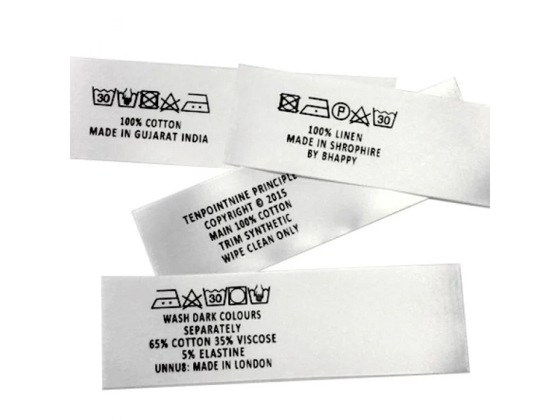 the selected label type shown as a textile label manufacturing example with hang tag size label and patch label application