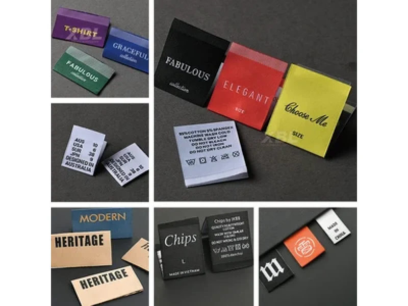 Sew in Labels shown as a textile label manufacturing example with hang tag size label and patch label application