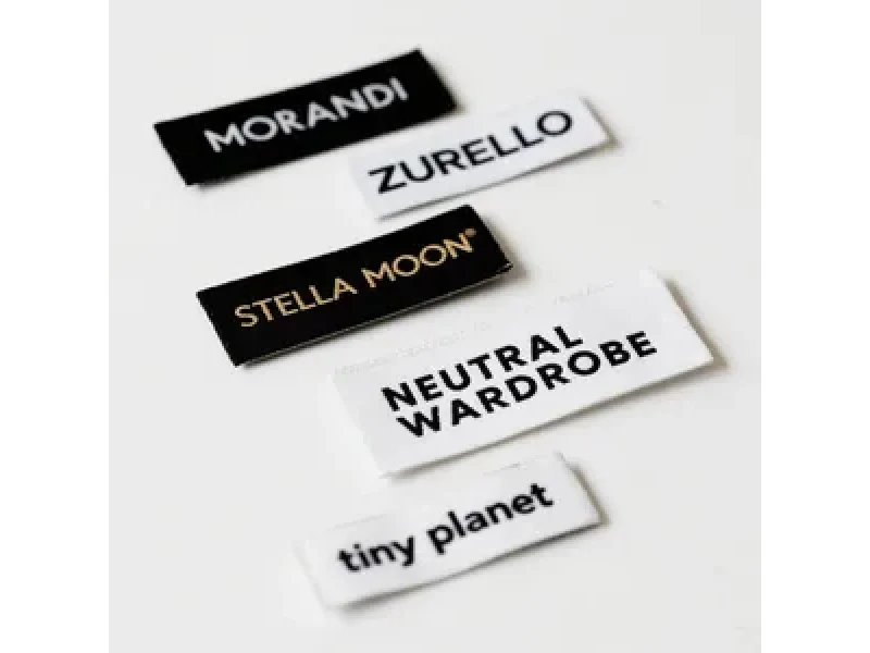 Size Labels shown as a textile label manufacturing example with printed fabric label and care label