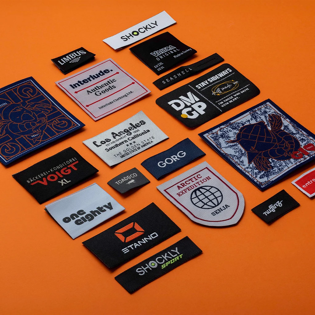 Custom Logo Labels shown as a textile label manufacturing example with hang tag size label and patch label application