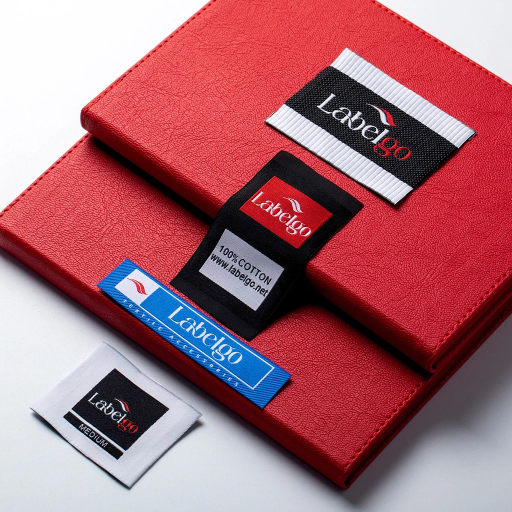 Logo Labels for Clothing shown as a textile label manufacturing example with hang tag size label and patch label application