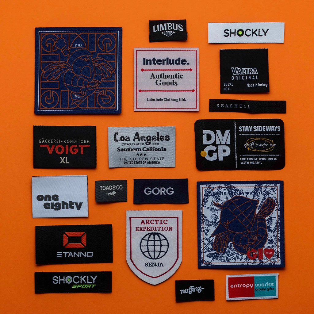 Logo Tags for Clothing shown as a textile label manufacturing example with woven textile label example